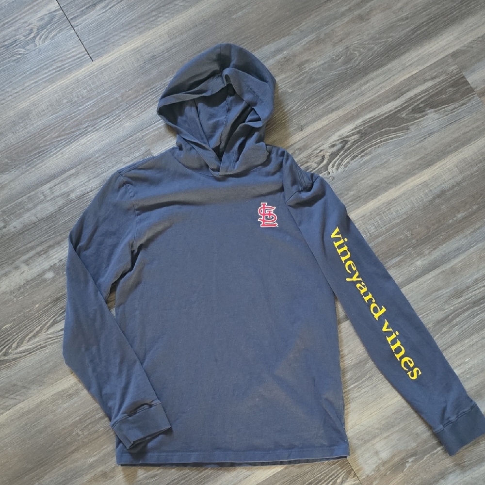 Vineyard Vines Navy Long Sleeve Hoodie with Yellow Sleeve Logo